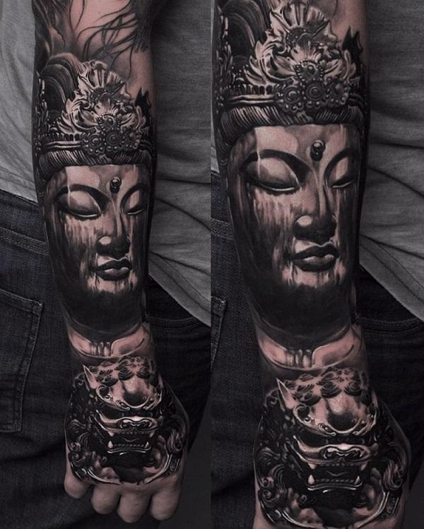 Buddha Blackwork tetování z předloktí do ruky