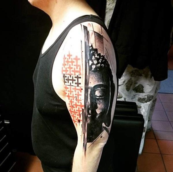 Poloviční tvář Buddha s půl rukávem tetování