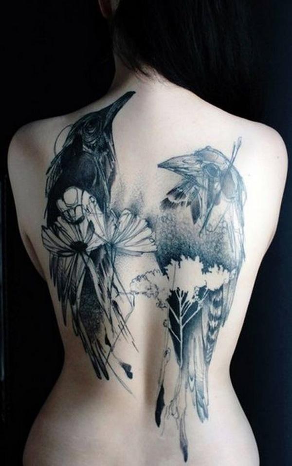 Akvarel Raven Tattoo na zádech pro ženy-16