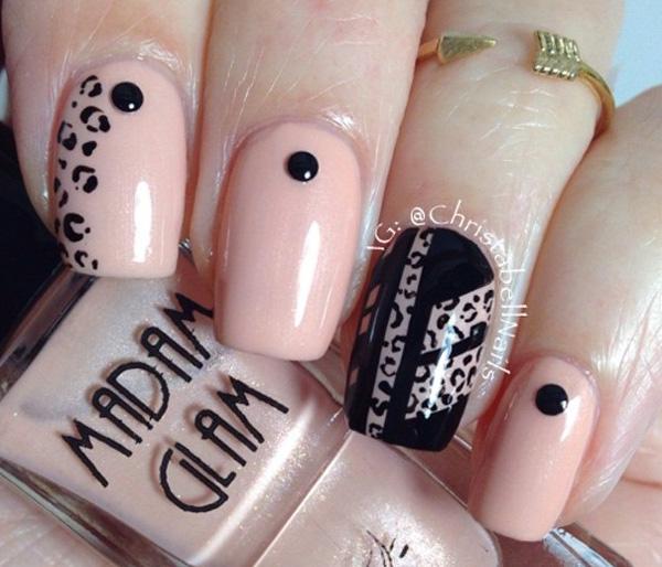 Nude color and black with leopard nail art