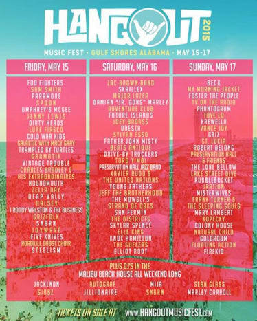 Hangout Music Festival - Gulf Shores, AL - 15. - 17. května - Ještě jste neslyšeli o Hangoutovém festivalu na pláži v Alabamě? Foo Fighters a vítěz několika cen Grammy Sam Smith ano. Hlavní hvězdou festivalu jsou společně se Zacem Brownem a Beckem. Máte tam Skrillexa a Roberta Delonga pro ty, kteří chtějí tančit, a máte country, hip-hop a všechno ostatní, co by vám dal obrovský přeplněný festival.