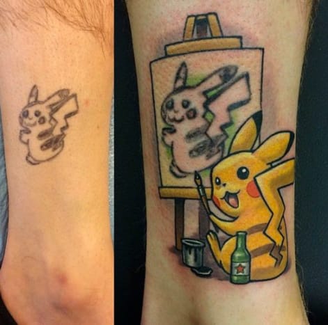 Dieses Pikachu-Tattoo von Lindsay Baker ist eine innovative Art, sich einer kniffligen Vertuschung zu nähern.