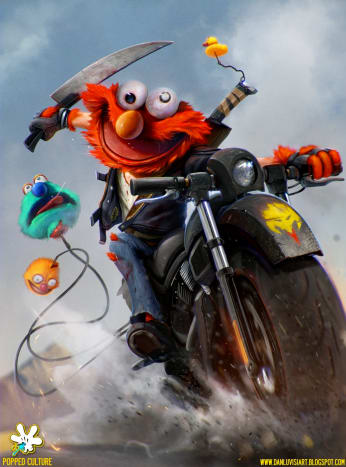 Elmo auf einer scheinbaren Freudenfahrt. Beachten Sie die fliegenden Köpfe, die an seinem Fahrrad befestigt sind, und das überschüssige Blut auf seinem T-Shirt und Messer. #BadToTheBone