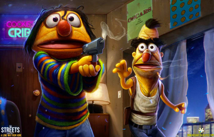 Es scheint, als hätten Bert und Ernie außerhalb von Cookie's Crib Feuer geschossen. Aber hey, das ist eine Ansicht. (Beachten Sie auch den Keks-Türknauf.)