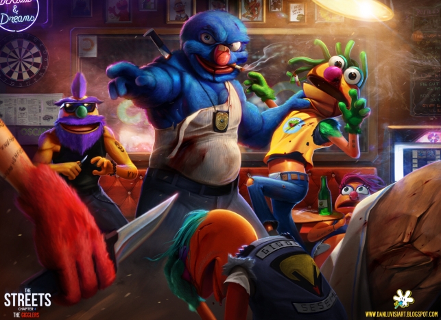 Grover! Legt die 'roids' ab! Von links betritt Elmo mit einem Messer bewaffnet die Bar (HEHEHE-Tattoos kreisen um sein Handgelenk), Purple Beard hat die beste Zeit seines Lebens (nettes Totenkopf-Tattoo), Grover (erstechen) hält Green Haired Gal als Geisel, eine weitere feine Dame mit einem Drehbuch-Tattoo (Famous?) sucht Schutz unter einer Nische und Giggo Sesame kann einfach nicht hängen. PS Oben rechts, direkt unter dem Licht, hängt ein Rahmen mit der Aufschrift: