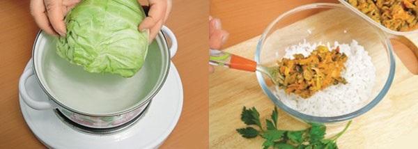 repollo al vapor y arroz cocido