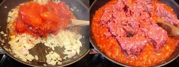 agregue la salsa y la carne picada