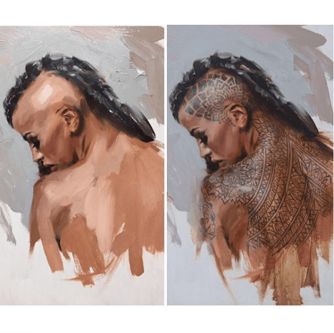 Ich bin selbst ziemlich stark tätowiert und finde es einfach interessanter zu malen als nicht tätowierte Menschen. Es fühlt sich immer so an, als würde etwas fehlen, wenn ich heutzutage keine Tattoos male. Ich wollte ursprünglich Burlesque-Darsteller malen, stellte aber fest, dass sie ziemlich schuppig waren, wenn es darum ging, sie zu erreichen. Am Ende habe ich dann Cervena Fox kontaktiert. Wir halten immer noch Kontakt, sie ist jetzt eigentlich Tätowiererin und hat mich letztes Jahr tätowiert.