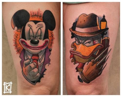 Eine weitere Freddy Krueger-Version von Mr. Duck, während Mickey als Joker auftritt. Tattoo von Bartek Kos