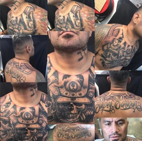 Koláž tetování Marka Hunta na hrudi a zádech. Foto: Mark Hunt/Instagram