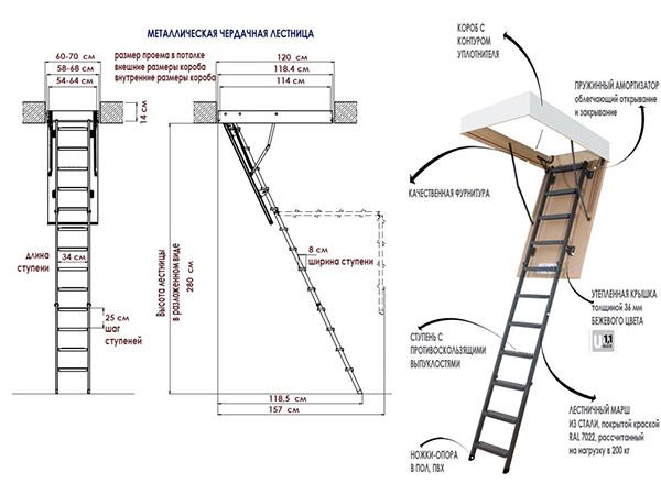 dibujo y dimensiones de la escalera del ático de metal