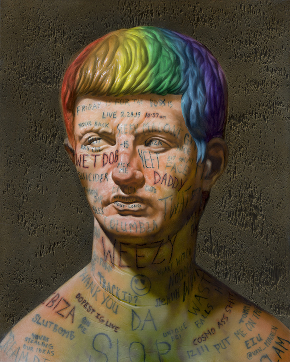 VAN_MINNEN_christian_2019_LITTLE-MAN-WITH-LIVE-INSTAGRAM-VIDEO-COMMENT-TATTOOS_oil-panel_20x16x2in-highres