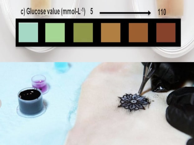 Foto přes DermalAbyss Doufá, že komunita zdravotníků tyto produkty přijme a použije je například u svých diabetických pacientů. Diabetik, který má biosenzorové tetování, dokázal odhadnout hladinu cukru v krvi a sledovat tak změnu barvy svého tetování z modré na hnědou. To nemusí zcela vyloučit diabetika z toho, že by musel testovat své skutečné hladiny BG, ale varoval by ho před nadcházejícími událostmi „VYSOKÉ“ nebo NÍZKÉ „hladiny cukru v krvi“.