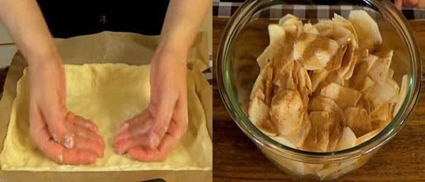 mettre la pâte dans un moule et cuire les pommes