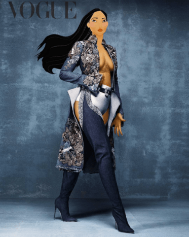 Pocahontas als Rihanna trägt ernsthafte Jeansstiefel von Manolo Blahnik für die britische Vogue im April 2016.