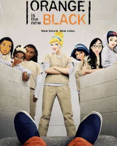 Obsazení #OITNB zleva: Pocahontas jako Adrienne Moore, Tiana jako Samira Wiley, Moana jako Uzo Aduba, Popelka jako Taylor Schilling, Jasmine jako Selenis Leyva, Mulan jako Laura Prepon a Sněhurka jako Taryn Manning.