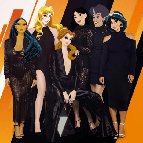 Mit den Kardashians Schritt halten von links: Pocahontas als Kourtney, Aurora als Khloe, Belle als Kendall, Mulan als Kylie, Lady Tremaine als Kris und Jasmine als Kim.