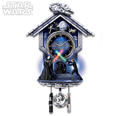Foto: The Bradford Exchange.Diese coole Star Wars-Uhr, die bei The Bradford Exchange erhältlich ist, zeigt Figuren von Darth Vader und Luke Skywalker in der berüchtigten Lichtschwertschlacht von Return of the Jedi. Die Uhr verfügt außerdem über eine farbige Beleuchtung und spielt den Titelsong zum Film.