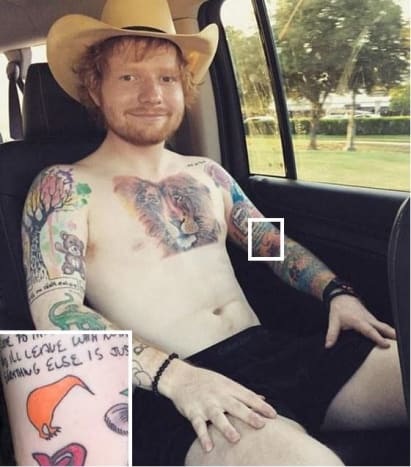 Foto: Instagram. Mnoho ze Sheeranových tetování bylo inspirováno jeho hudební kariérou a jako trvalou připomínku svého turné v roce 2013 na Novém Zélandu dostal zpěvák jasně oranžové tetování na paži ptáka kiwi, znak země.