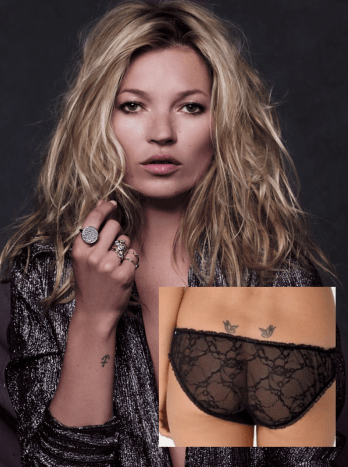 Kate Moss عارضة الأزياء لديها وشم أسفل الظهر قد تصل قيمته إلى الملايين. قام الفنان الراحل لوسيان فرويد بعمل الطيور ، حيث أعطى موس الوشم بالطريقة التي اعتاد أن يعطيها للبحارة خلال فترة وجوده في البحرية. أخبرت فانيتي فير ،