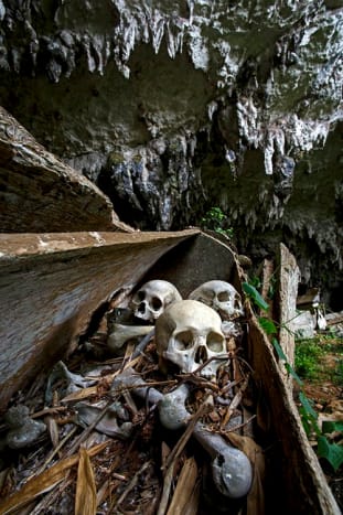 Lombok (vesnice), Sulawesi, Indonésie, kosti předků vystavené v rozpadlé rakvi u vchodu do jeskyně WEB