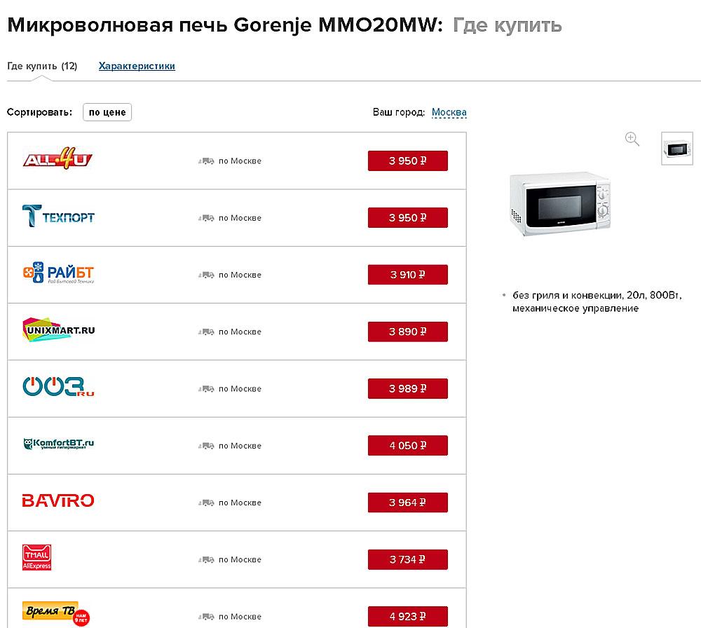 micro-ondes dans les magasins en ligne en Russie