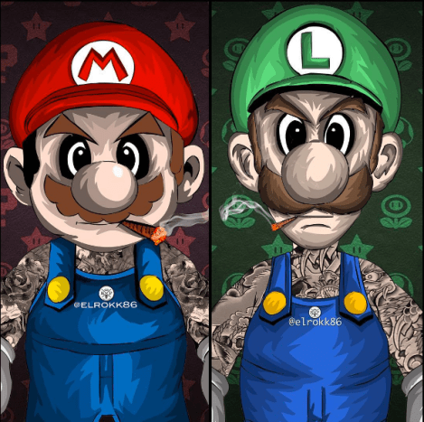 Design von Ephrem Rokk. Mit vollen Ärmeln, Brust- und Halstattoos spielen Mario und Luigi keine Spielchen. Pass auf dich auf, König Koopa!