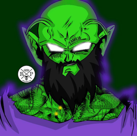 Design by Ephrem Rokk. Zelený Namekian Dragon Ball Z ass-kicker je rockin & apos; drsný, skřehotavý plnovous a tetování Věčného Shenrona na hrudi na tomto designu od Rokka.