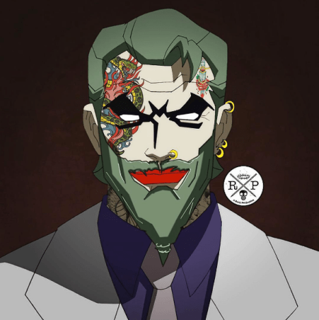 من تصميم Ephrem Rokk. يعطي الوشم على وجه Clown Prince of Crime واللحية الخضراء طبقة من الشرير لعدو باتمان الأشرس.