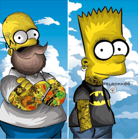 Design von Ephrem Rokk. Schau dir Homer und Bart Simpson an, wie du sie noch nie gesehen hast: tätowiert, bärtig und durchbohrt!