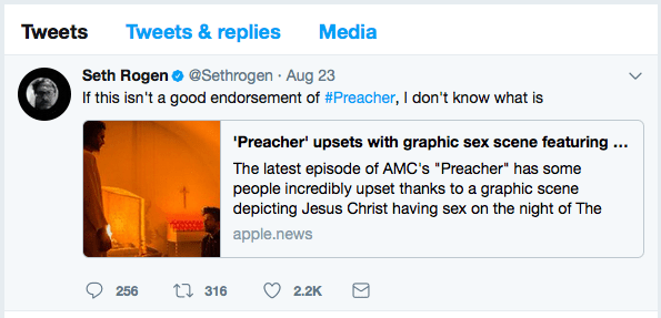 Koproducent Preachera Seth Rogen jednoduše tweetoval: