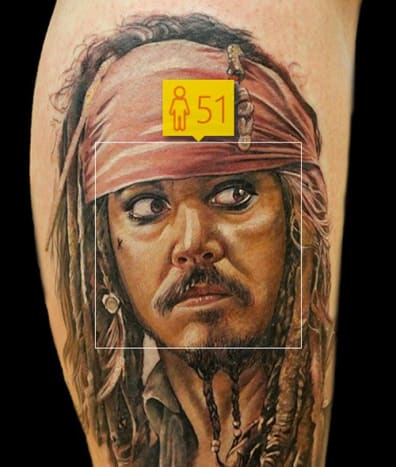 Captain Jack wäre ein ziemlich beeindruckender Pirat, wenn er bis zu diesem hohen Alter leben würde. (Tätowierung von Sarah Miller)