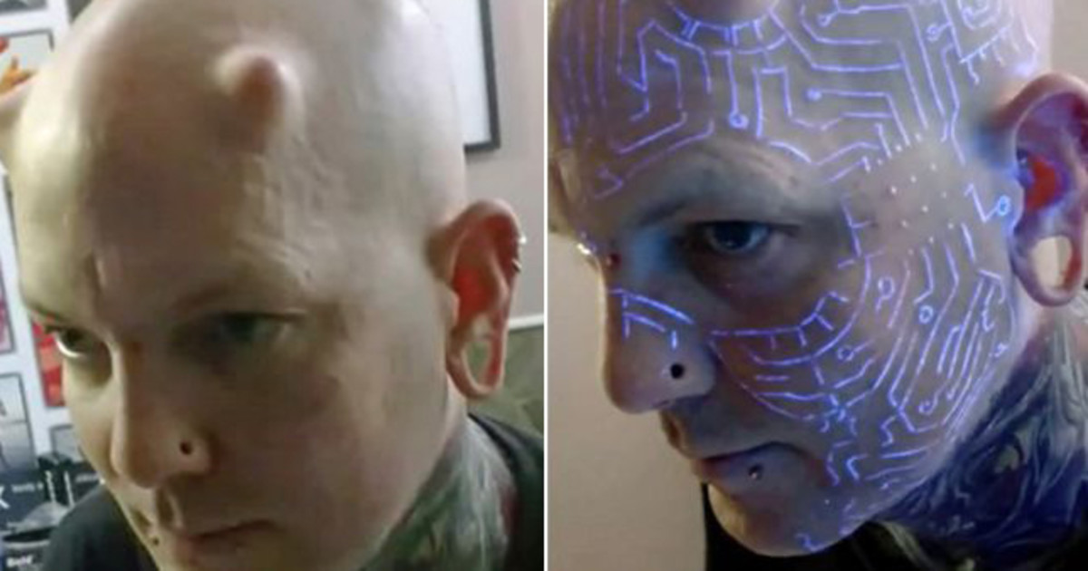 Russ Foxx, menschlicher Cyborg, extreme Körpermodifikationen, chirurgische Implantate, eingefärbtes Magazin