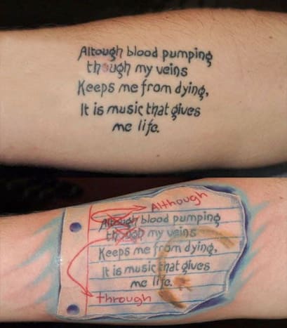 Wenn Sie wissen, wer dieses Tattoo gemacht hat, lassen Sie es uns bitte wissen. Foto: Pinterest.Dieser Künstler hat einen lustigen Ansatz gewählt, um dieses falsch geschriebene Tattoo zu reparieren und es in eine Grundschulaufgabe zu verwandeln, die von a . korrigiert wird