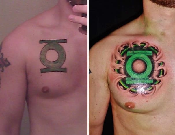 Wenn Sie wissen, wer dieses Tattoo gemacht hat, lassen Sie es uns bitte wissen. Foto: Pinterest.Dieses Green Lantern-Logo hat einen echten Stromstoß bekommen. Das Hinzufügen des richtigen Grüntons, den der Charakter in den Comics trägt, und das Hinzufügen der Details, die es so aussehen lassen, als würde die Laterne durch die Haut stechen, verwandelte dieses Tattoo in ein sehr tolles Stück.