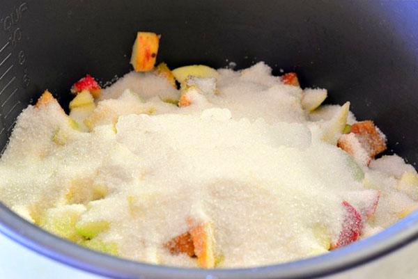 fruta con azúcar en una olla de cocción lenta