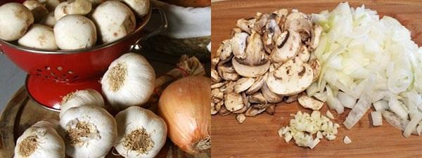 éplucher et hacher les champignons et les oignons