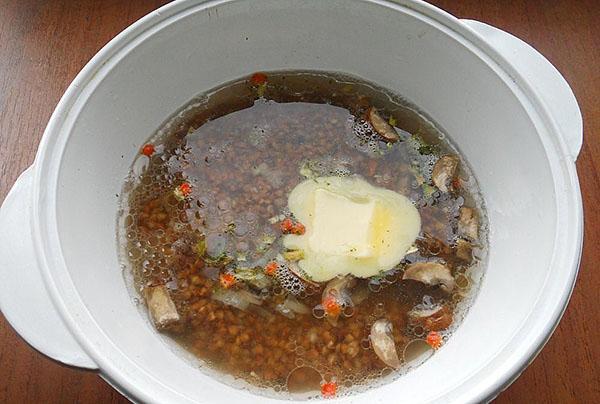 vierta el trigo sarraceno y los champiñones con agua, cocine