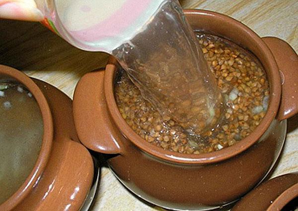 llenar las ollas con trigo sarraceno y champiñones