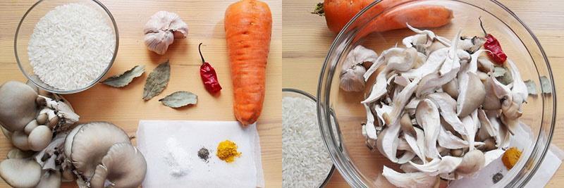 ingredientes para rebanar pilaf y champiñones
