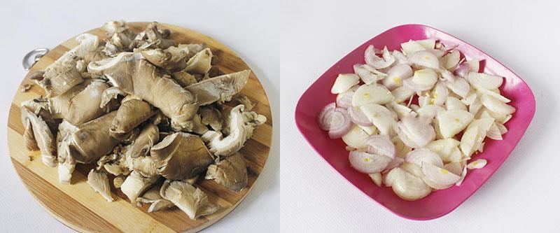 picar champiñones ostra y cebollas