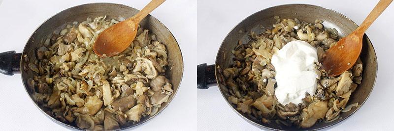 mélanger l'oignon avec les champignons et ajouter la crème sure