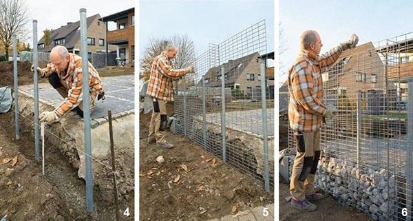 le processus d'érection d'une clôture à partir de gabions