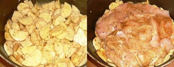colocar las patatas y el filete de pollo