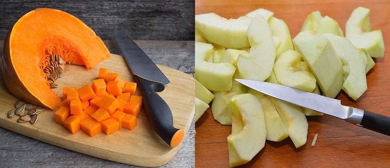 hacher la citrouille et les pommes