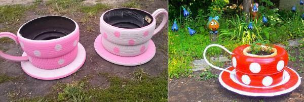 parterres de fleurs-tasses en pneus