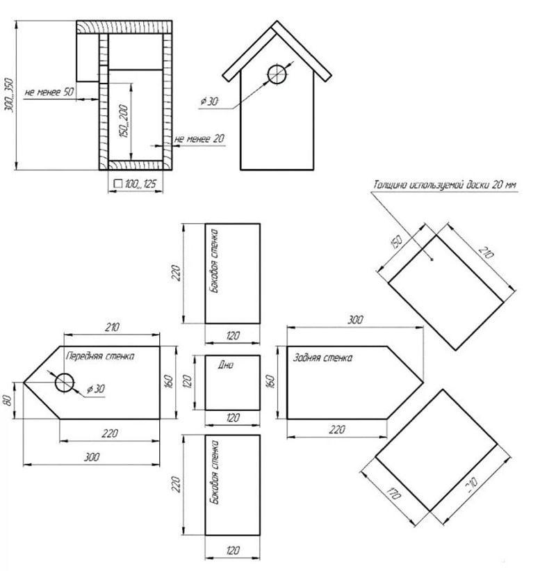 dibujo de casita para pájaros con dimensiones