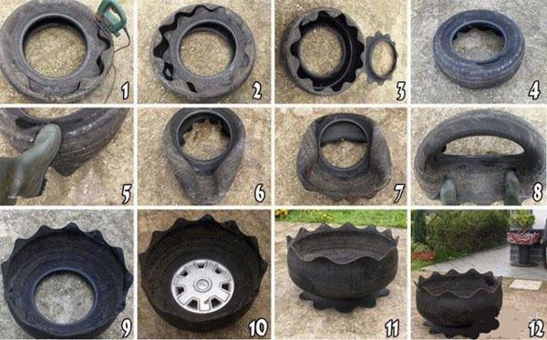El proceso de fabricación de macetas con neumáticos.