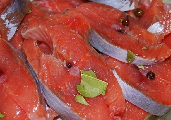 cortar el salmón rosado en rodajas finas