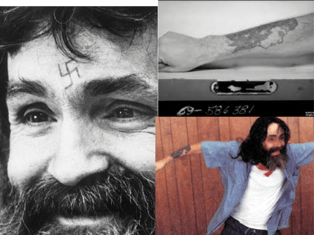 Foto přes pinterestKdo? Dělám si srandu Kmotr všech sériových vrahů (ačkoli Manson během své vlády nad „rodinou“ nikdy nezabil žádnou z obětí). Svastika začínala jako „X“, které si zařezal do čela. Později to proměnil ve vězeňské tetování svastiky. Manson má také další dvě známá tetování - jedno na každém předloktí. Oba jsou ženské hlavy.